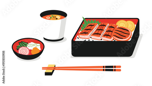 Traditional Japanese set meal featuring grilled eel over rice in a black lacquered box with miso soup, pickles, and chopsticks.