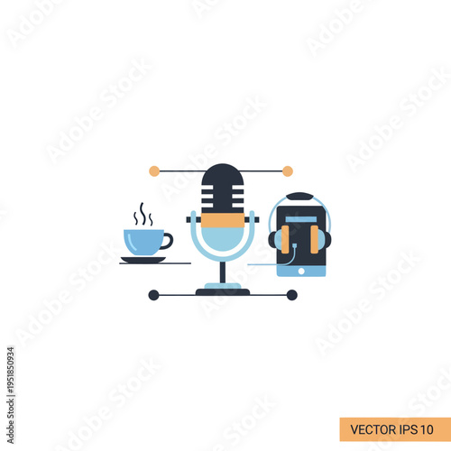 Podcast equipment with coffee cup and smartphone headphones on white