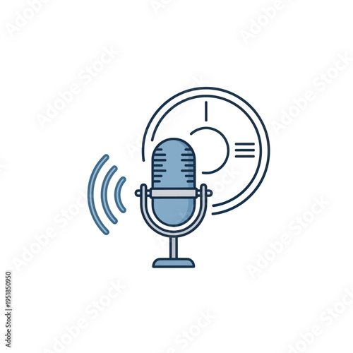 Podcast microphone with sound waves and time clock icon