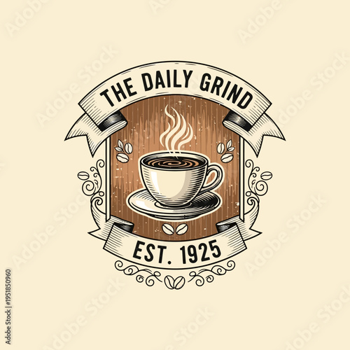 Elegant vintage coffee shop logo with a steaming hot cup, classic typography, and decorative ribbons, perfect for a traditional cafe or representing a cherished daily ritual