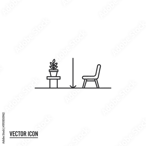Potted plant on stand and chair height measurement icon