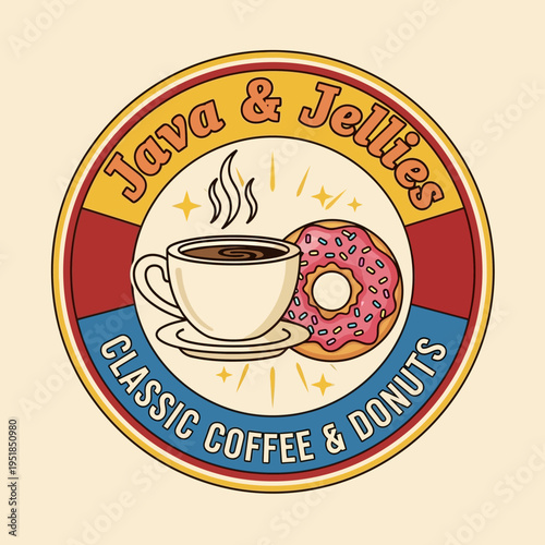 Retro emblem featuring a steaming coffee cup and a frosted donut, ideal for a classic coffee and donut shop logo