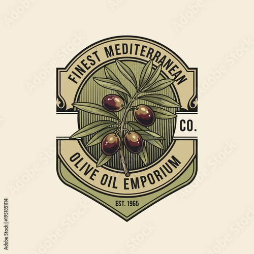 Elegant vintage emblem for premium Mediterranean olive oil, featuring a finely detailed olive branch illustration, ideal for gourmet product branding
