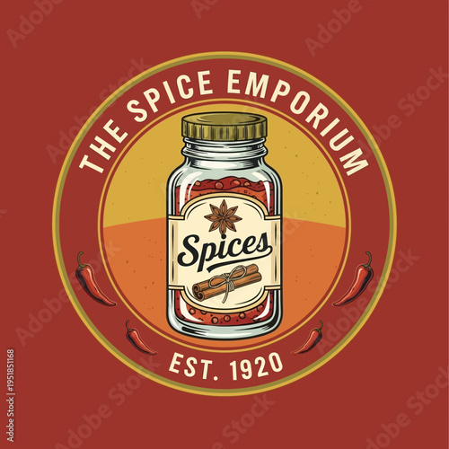 A Vintage Spice Emporium Logo with a Jar of Spices and Cinnamon Sticks, Established in 1920