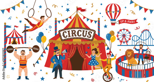 Circus cartoon illustration with performers tent animals and carnival elements, playful entertainment concept, colorful festival design, kids amusement show vector graphic collection