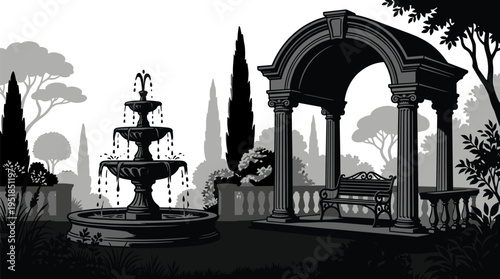 Classic garden fountain and decorative arch pavilion vector illustration, elegant park landscape with bench, trees, and vintage architectural courtyard design