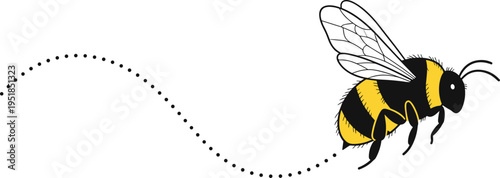 Bumblebee flying with dotted trail, detailed insect illustration, pollination and nature concept, cute animal design, ecology theme, isolated vector graphic