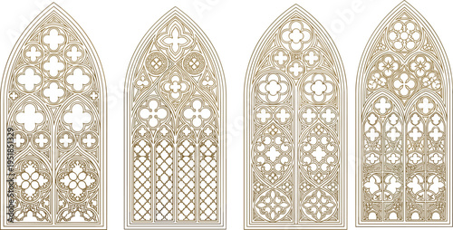 Gold outline vector illustration of Gothic stained glass windows with ornate tracery, quatrefoils, trefoils, and floral motifs, symbolizing medieval architecture and decorative design themes