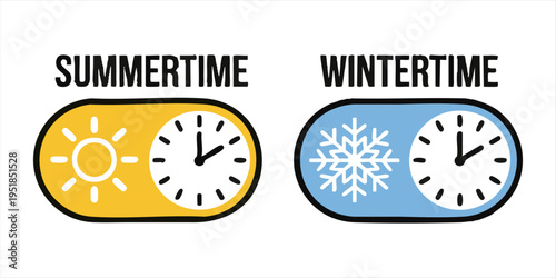 Summertime and wintertime icons, daylight saving time concept, clock with sun and snowflake