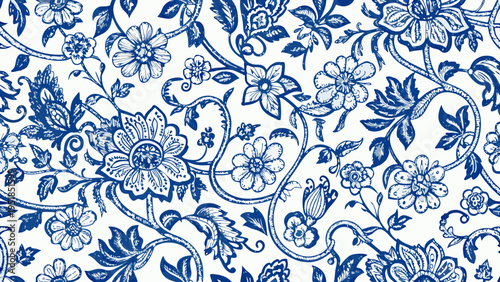 Detailed blue and white floral pattern with delicate botanical illustrations