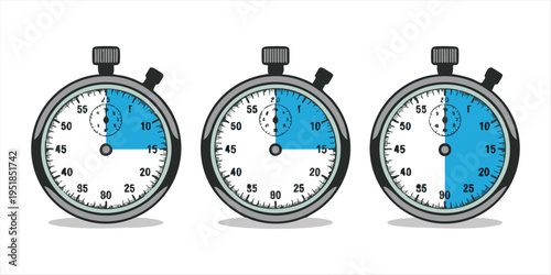 Three stopwatches show elapsed time segments on white background, representing seconds