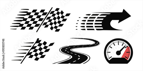 Racing flag arrow road and speedometer icon set for speed and competition