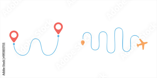 Airplane flight path with pins and zig zag line for travel journey