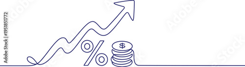 Continuous line drawing of financial growth arrow with percent symbol and stacks of dollar coins
