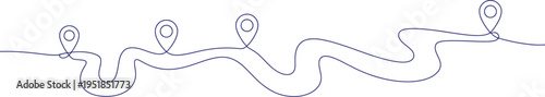 Continuous line drawing of a winding road with several GPS map pin icons for navigation

