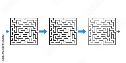 Square maze puzzle solution sequence from start to finish with blue arrows and entrance exit points