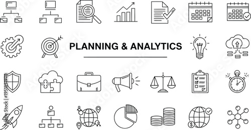 A collection of businessrelated line art icons representing planning and analytics concepts for diverse applications