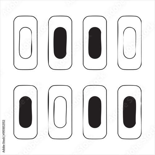 Set of rounded vertical button frames with black pill shaped centers for user interface design elements