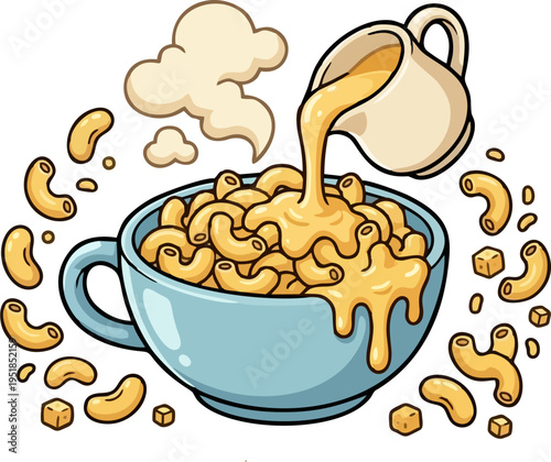 Cartoon Macaroni and Cheese Bowl with Pouring Melted Cheese from Pitcher and Steam – Cute Pasta Vector