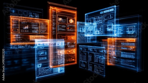 Computer screen with many different screens and a blue and orange background. The screens are all different sizes