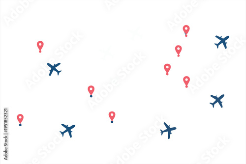 Air traffic monitoring concept with blue airplane icons and red location pins on white background map