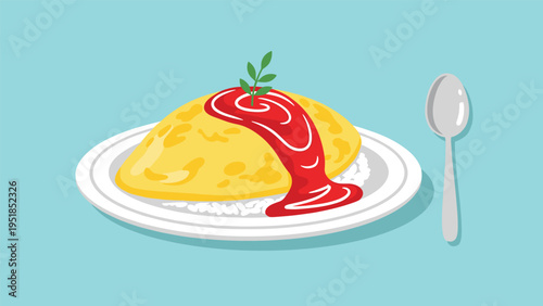 Appetizing plate of omurice featuring a fluffy omelet over rice with a swirl of ketchup and a green garnish on a blue background.