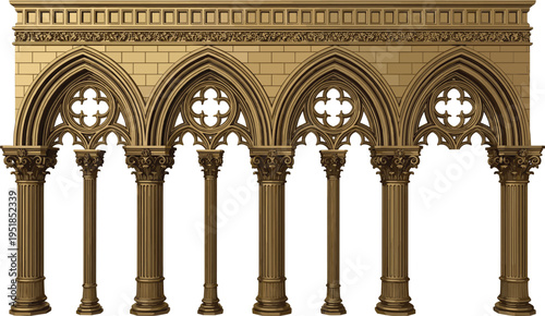 Black silhouette vector illustration of Gothic arcade with pointed arches, quatrefoil tracery, Corinthian columns, and floral frieze, symbolizing medieval architecture and decorative design themes