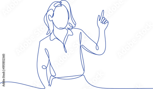  line drawing of a professional business woman pointing finger upward and presenting an innovative idea