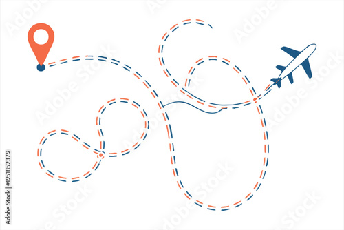 Airplane flight path illustration with orange location pin and blue dashed line showing air travel