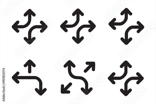 Set of black arrow icons displaying various curved and branching directional movements in vector format
