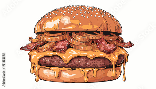 A delicious fast food cheeseburger with a beef patty and melted cheese served inside a larger sesame bun sandwich featuring fresh lettuce and tomato isolated on a white background