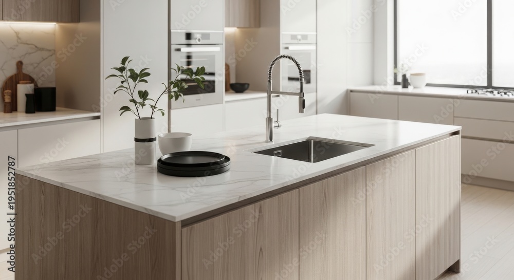 Fototapeta premium Modern kitchen island with marble countertop and wooden cabinets in bright natural lighting for interior design.