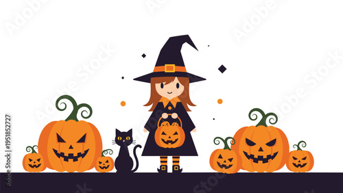Cute little witch character standing between carved pumpkins and a black cat for a spooky Halloween scene.