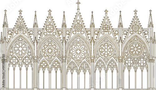 Black silhouette vector illustration of Gothic cathedral facade with pointed arches, rose windows, spires, and ornate tracery, symbolizing medieval architecture and decorative design themes
