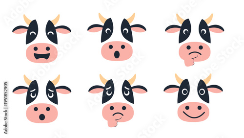 Set of six cute cow face icons showing various emotions like happiness, surprise, sadness, and thinking on a white background.