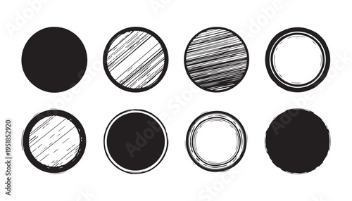 Hand drawn silhouette of various circular shapes and patterns