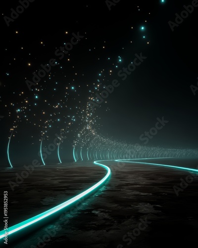 Dark road with a bright blue line running down the middle. The blue line is surrounded by a dark background