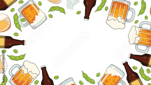 Fun party-themed border featuring mugs of foaming beer, brown beer bottles, and green edamame beans on a white background.