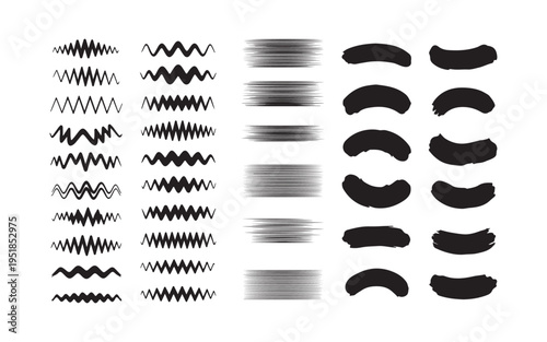 Abstract Black Brush Strokes and Wavy Lines Set. Motion Blur Lines and Hand Drawn Wave Patterns Vector Design Elements