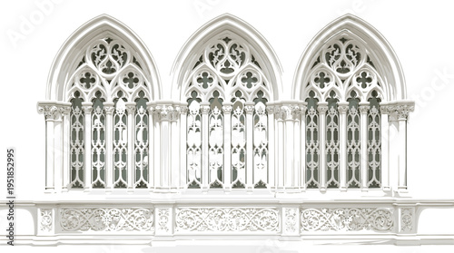Black silhouette vector illustration of Gothic arched windows with ornate tracery, quatrefoil and trefoil motifs, decorative columns, and balustrad