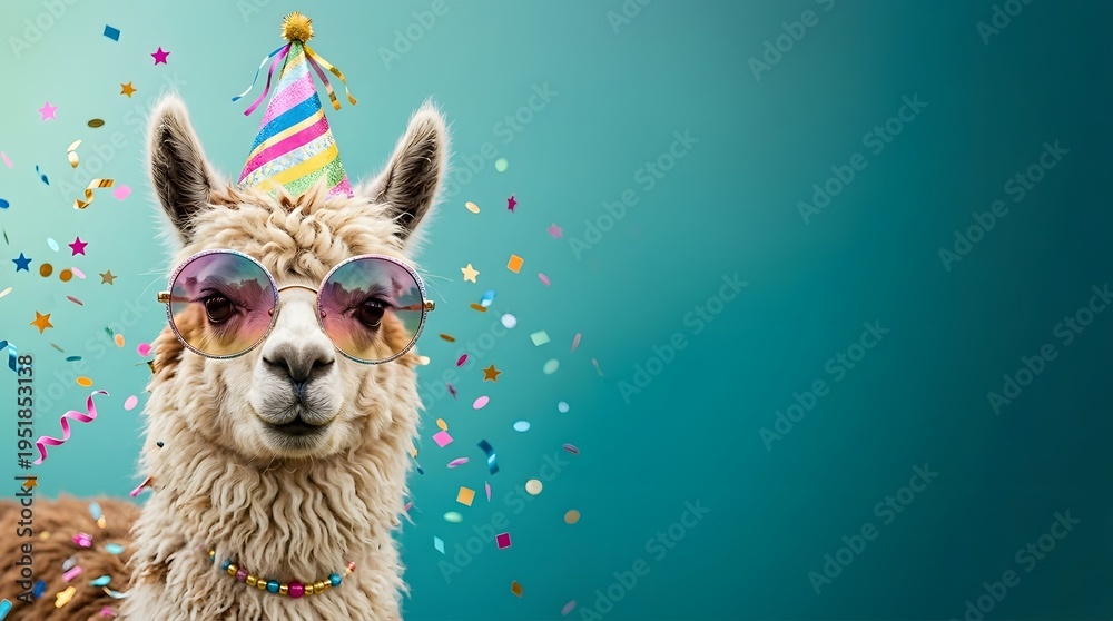 Obraz premium Festive llama wearing party hat and sunglasses with confetti