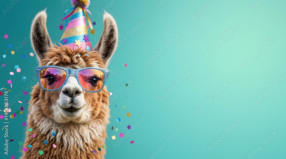 Naklejka premium Llama wearing party hat and sunglasses with colorful confetti