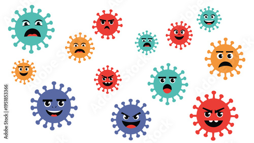 Group of colorful cartoon virus and bacteria characters with different funny and scary facial expressions on a white background.