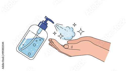 Close-up illustration of a hand applying liquid sanitizer from a blue pump spray bottle for personal hygiene and safety.
