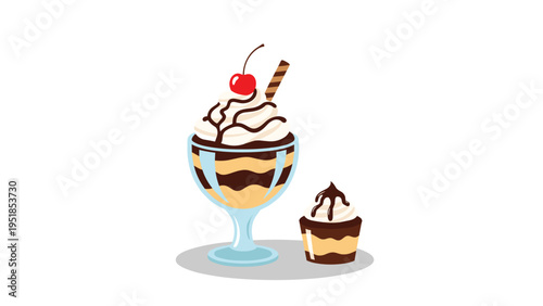 Delicious chocolate and vanilla ice cream sundae in a glass bowl accompanied by a matching miniature cupcake for a sweet dessert treat.