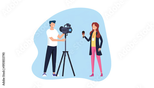 Videographer operating a professional camera on a tripod interviews a reporter holding a microphone, depicted with a blue background.