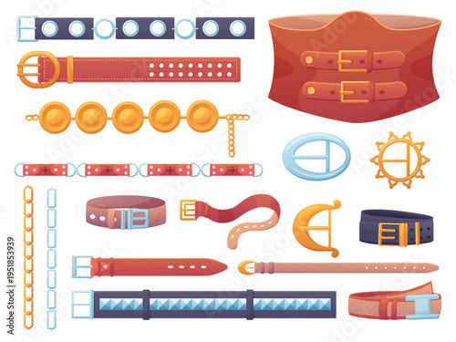 Belts accessories. Cartoon belt with metal details, gold silber buckles. Wide leather straps for trousers. Metallic chains, fashion elements nowaday vector set