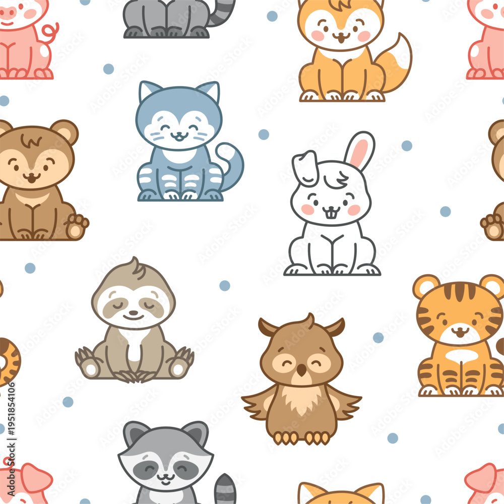 Obraz premium Funny animals seamless pattern. Kawaii animal characters. Cartoon pig, sloth, raccoon, bear, tiger and cat. Childish print textile, wrapping, vector background