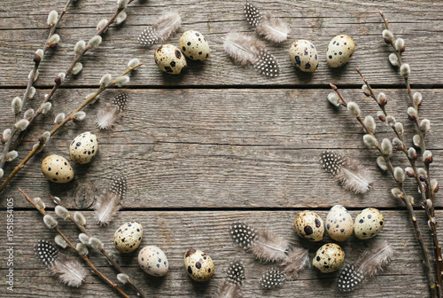 Easter flat lay background with quail eggs and pussy willow