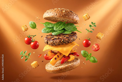 Deconstructed burger levitation with floating ingredients
